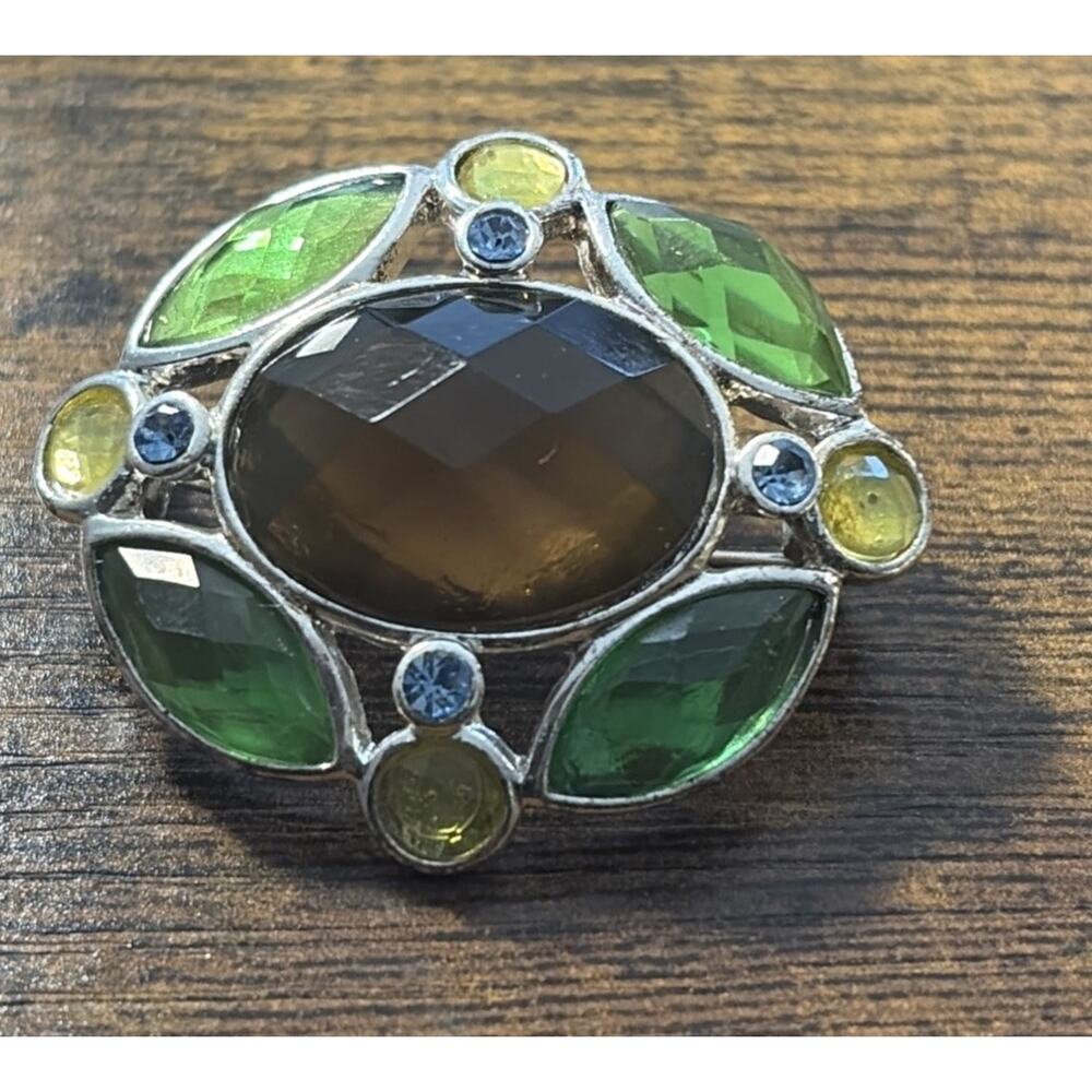 Green Iridescent Brooch Pin AB Rhinestone Faceted Ornate Silver Tone Vintage